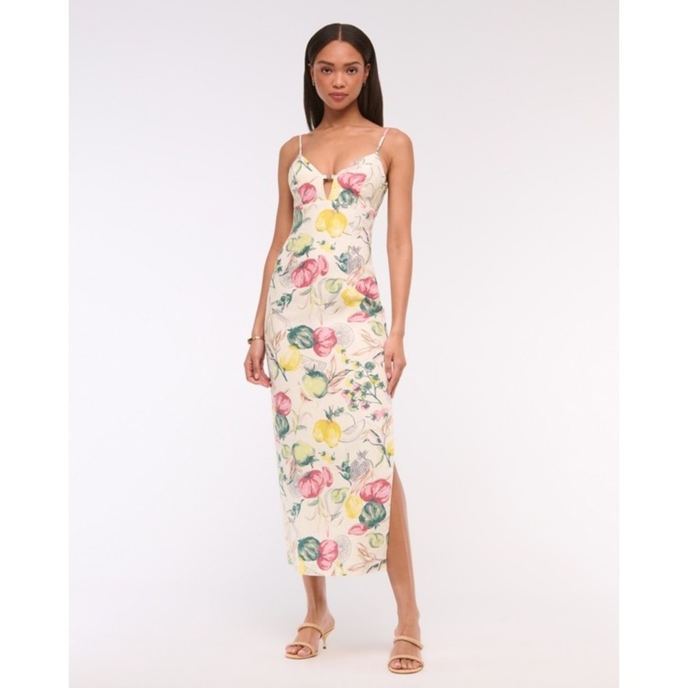 Abercrombie & Fitch Premium Linen Cutout Midi Dress Vegetable Print Cream Med P